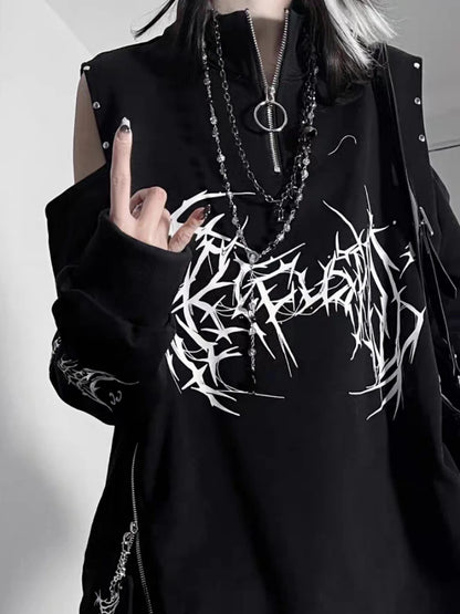 Vintage Black Printing Punk T-Shirt Women Harajuku Off Shoulder Grunge Tops Vintage Oversized Y2k Aesthetic Zipper Tees 2026