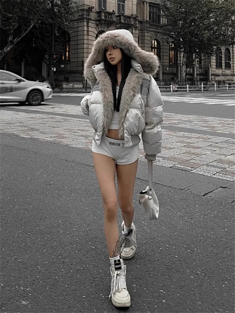 2024 Winter New American Street Style Patch Fur Short Solid Color Warm Thickened Padded Fashionable Versatile Jacket for Girl