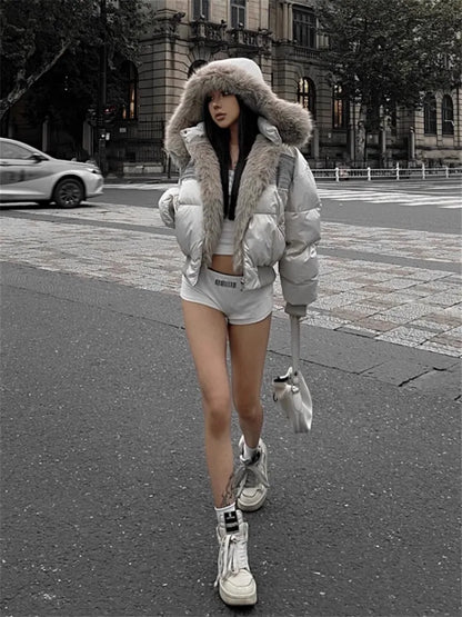 2024 Winter New American Street Style Patch Fur Short Solid Color Warm Thickened Padded Fashionable Versatile Jacket for Girl