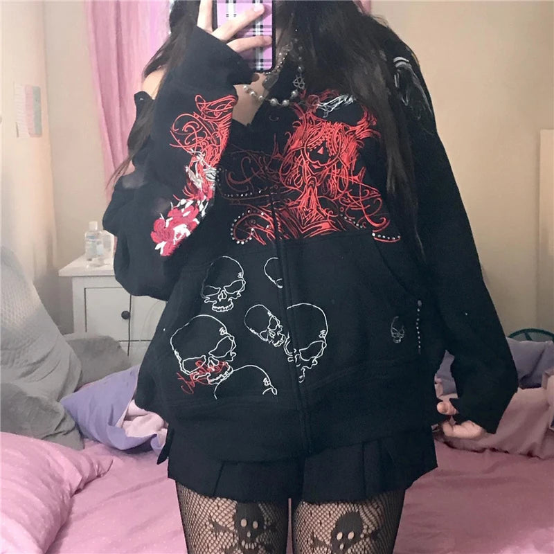 Hoodie Kawaii Y2k Anime Cartoon Goth Zip Up Hoodie Woman Harajuku Streetwear Loose Long Sleeve Sweatshirts Femme Sweatshirts