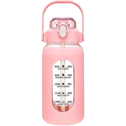 1000ML Glass Water Bottles With Straw, Glass Bottle With Silicone Sleeve And Time Marker, For Gym Camping Home Office