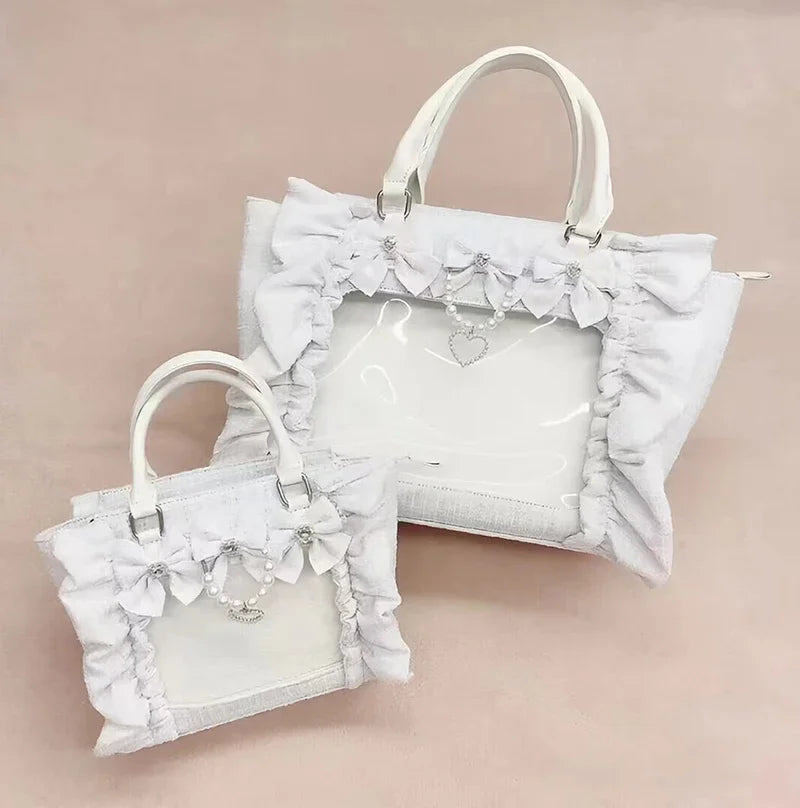 Japanese Style Mine Bags Women Ruffled Lace Lolita Girls Rhienstone Pearl Bowknot Square Tote Shoulder Portable Bolso Handbags