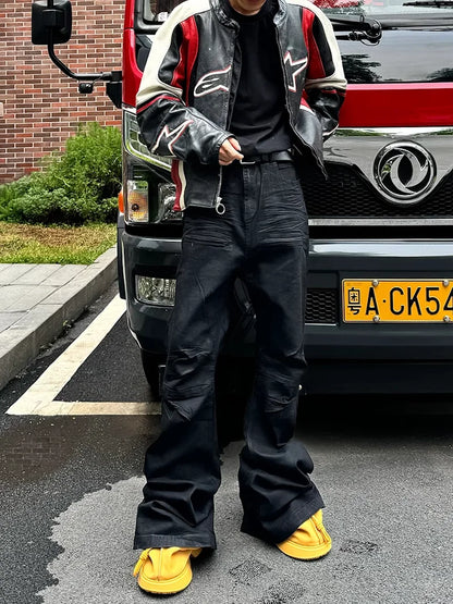 American retro heavy industry men and women black gothic retro casual loose jeans High street coated micro-flare jeans