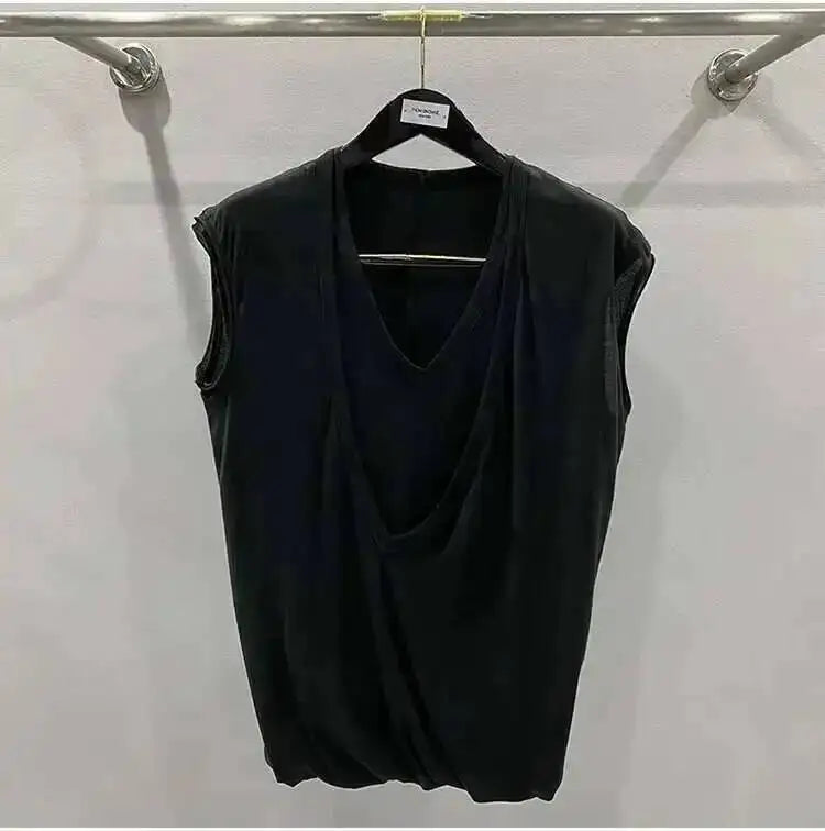 HKSH Summer Spring New Men's Tide Dark Sexy Double Layered V-neck Solid Sleeveless Tees Fashion Knit Tank Tops Chic Vest HK1399
