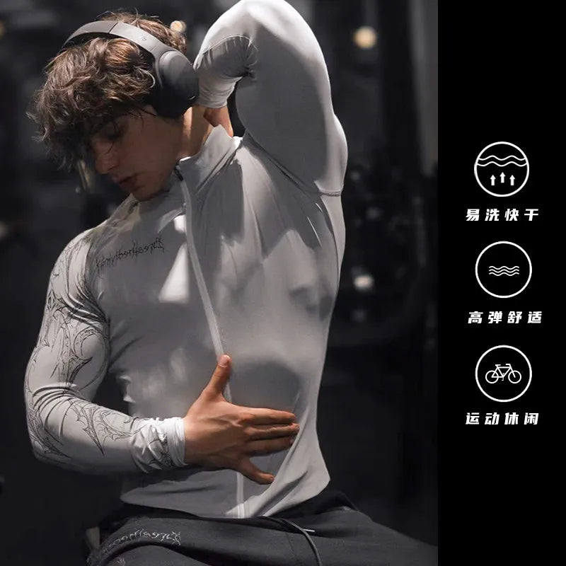 Dark Quick Drying Autumn And Winter Training Long Sleeved Men's Zipper Fitness Clothes, Sports Tight Fitting Clothes