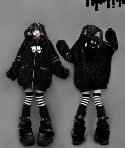 Japanese Gothic Hooded Plush Coat New Autumn Winter Subculture Cool Girl Women's Punk Rivet Lamb Wool Hoodie Jacket Zipper Coat