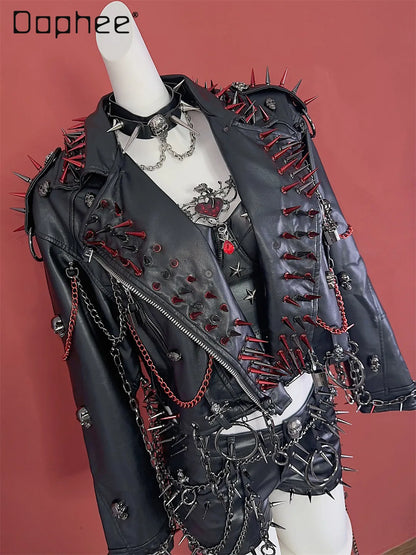 Women's Y2K Rivet Chain PU Leather Jacket
