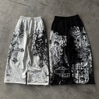 White Skull Gothic Casual Pants Mens American Retro Punk Dark Jogging Pants Harajuku Trend Sweatpants