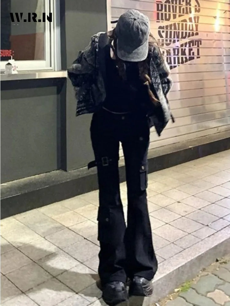 Aesthetic Dark Style Street Y2K Slim Fit Jeans Women's Vintage Sheath Gothic Pants High Waisted Hotsweet Black Denim Trouser