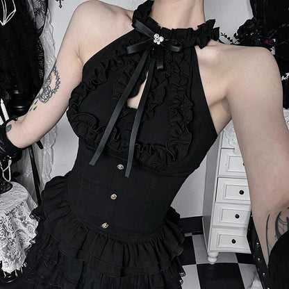 Women Blouses Trim Off Shoulder Halter Tops Mall Gothic Ruched Bow Tanks Top Fairycore Teachwear Summer Vests