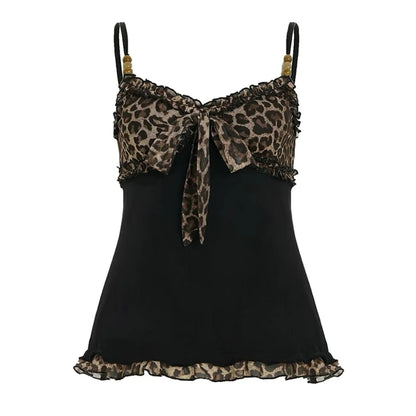 2000s American Vintage Sexy Leopard Camis Y2k Harajuku Slim Lace Patchwork Tanks Summer Streetwear Beach Party Sleeveless Tops