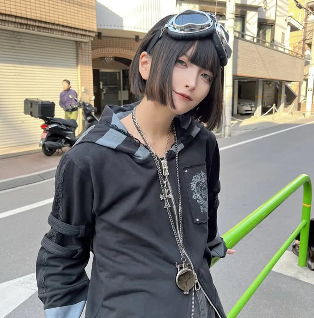 Japanese Harajuku Style Bow Sweet Cool Long-Ear Hooded Lace Trim Color-Block Zipper Long Cardigan Coat Gothic Hoodie Jacket