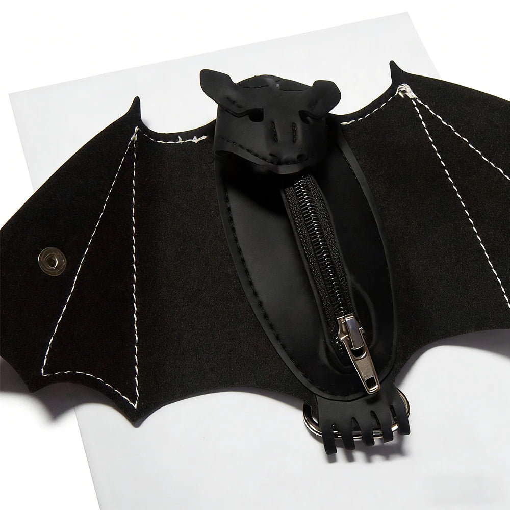 Coin Purse PU Leather Bat Gothic Bag Keychain Change Purse with Foldable Wings for Outdoor Shopping Travel Work School Events