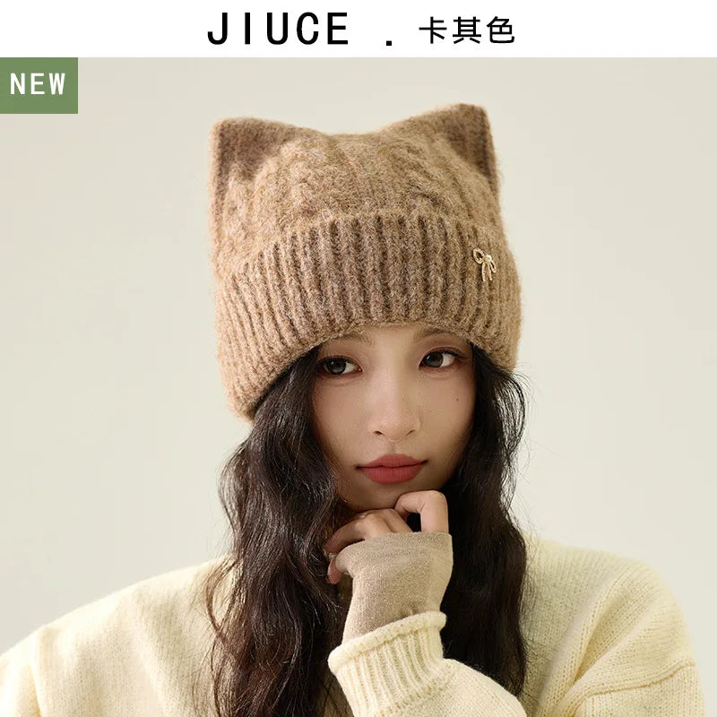 Cute Cartoon Cat's Ears Thickened Knit Hat women's Bow Wool Hat Ear Protection Warm Hat Bonnets Beanies 4m730