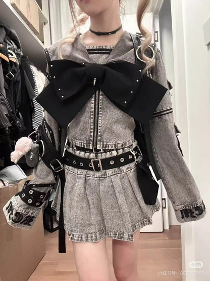 Women's Punk Navy-Collar Skirt Set