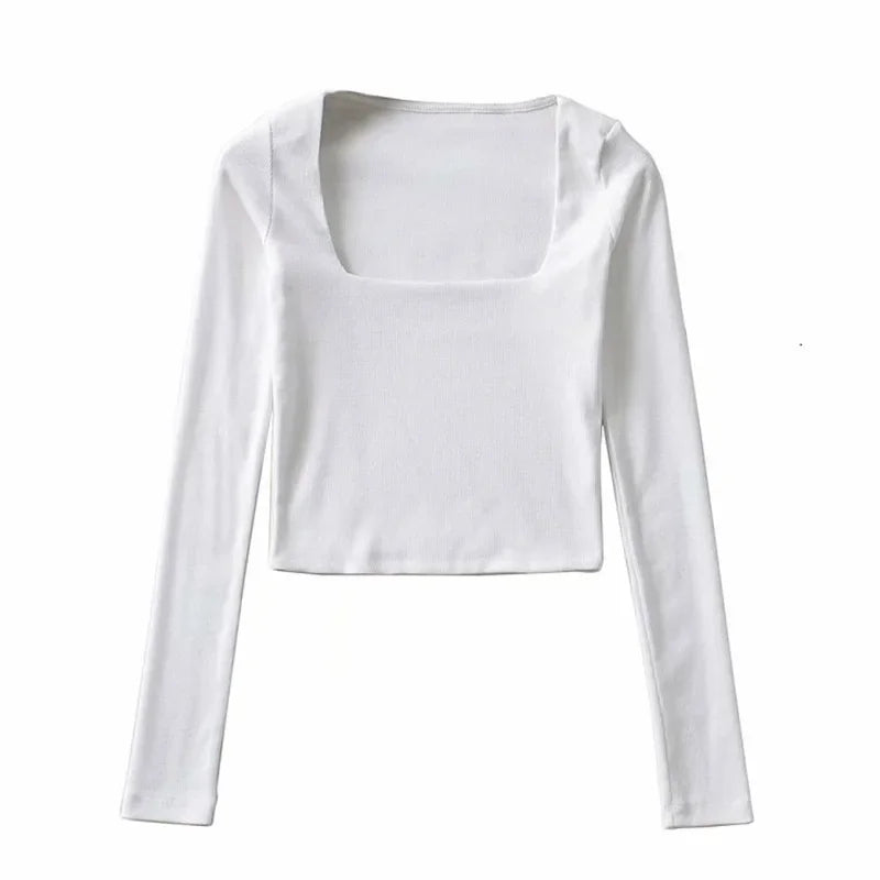 Women's Ribbed Square-Neck Long-Sleeve Crop Top