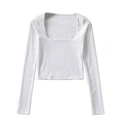 Women's Ribbed Square-Neck Long-Sleeve Crop Top