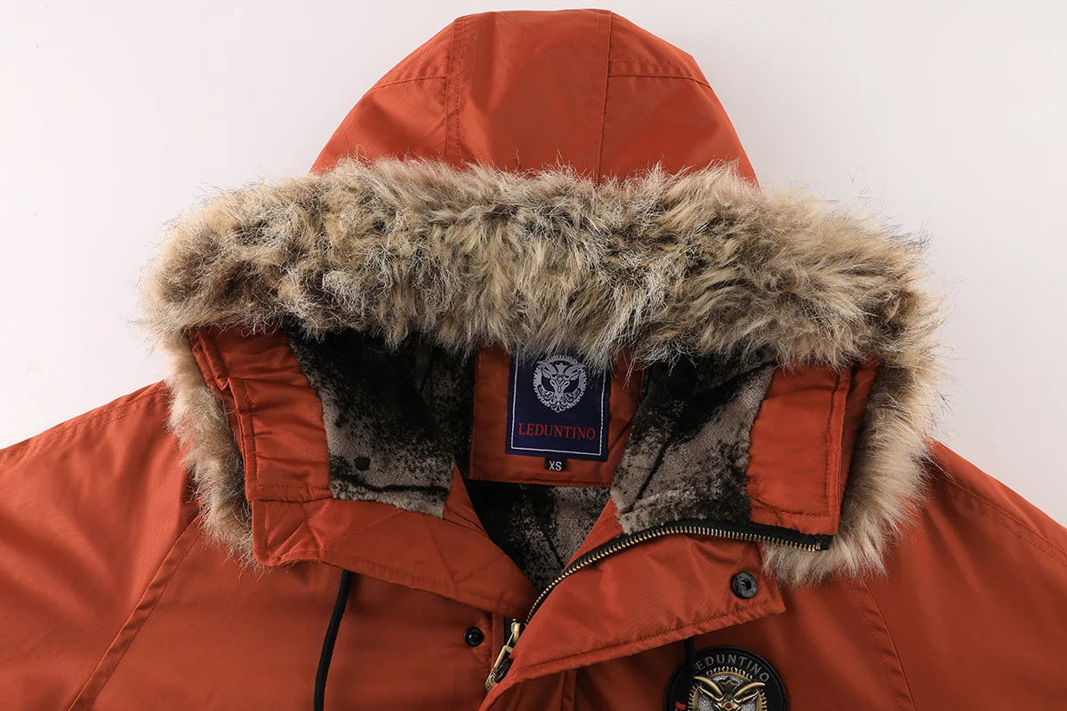 Men's Winter Warm, Hooded Jacket with Raw Edge, Lined Aviator Jacket, Embroidered Badge Design, Windproof and Waterproof Jacket