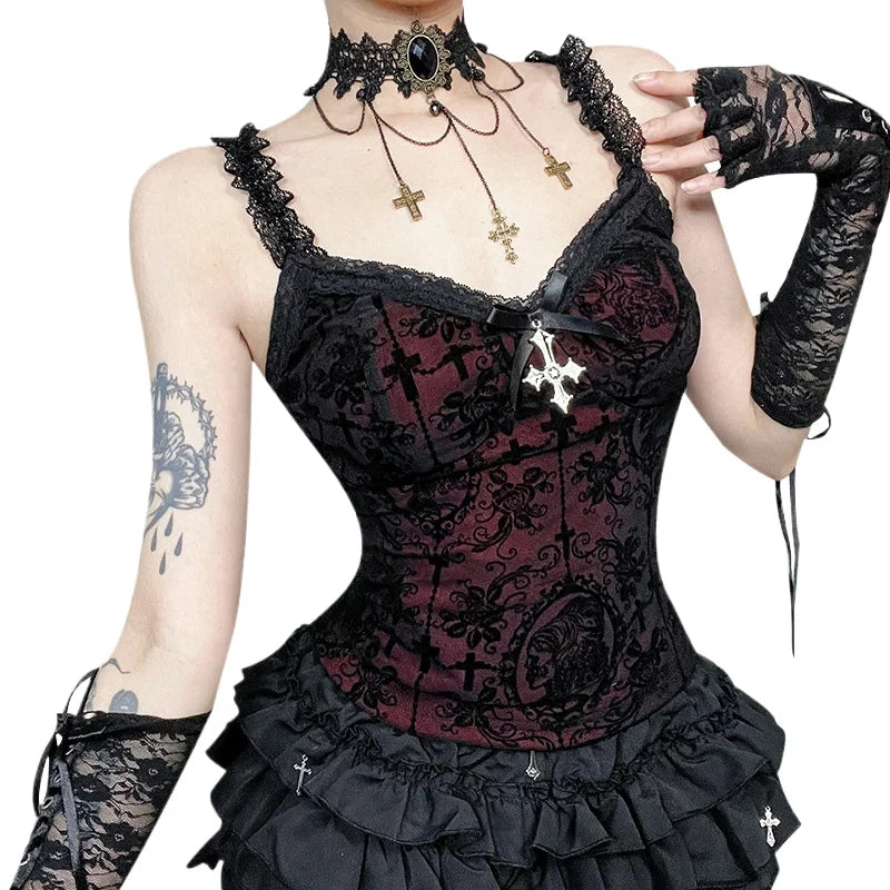 Mall Gothic Spaghetti Strap Tanks Top Hot Sexy V-neck Lace Patchwork Camisole Basic Slim Vests Summer Techwear Women