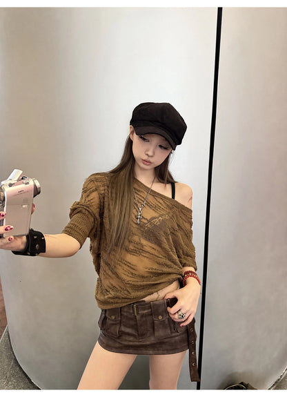 Lautaro Spring Summer Cool Sexy Vintage Distressed Brown Pu Leather Mini Skirt Women Three-dimensional Pockets Belt Streetwear