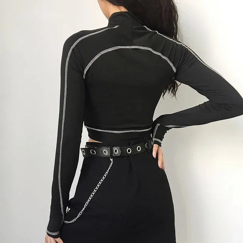 HKSH Spring New Women Tide Dark Sports T-shirt Turtleneck Long Sleeve Slim Fit High Elastic Ins Y2K Patchwork Splice Tees HK5067