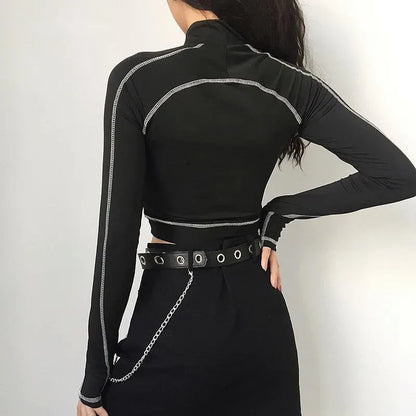 HKSH Spring New Women Tide Dark Sports T-shirt Turtleneck Long Sleeve Slim Fit High Elastic Ins Y2K Patchwork Splice Tees HK5067