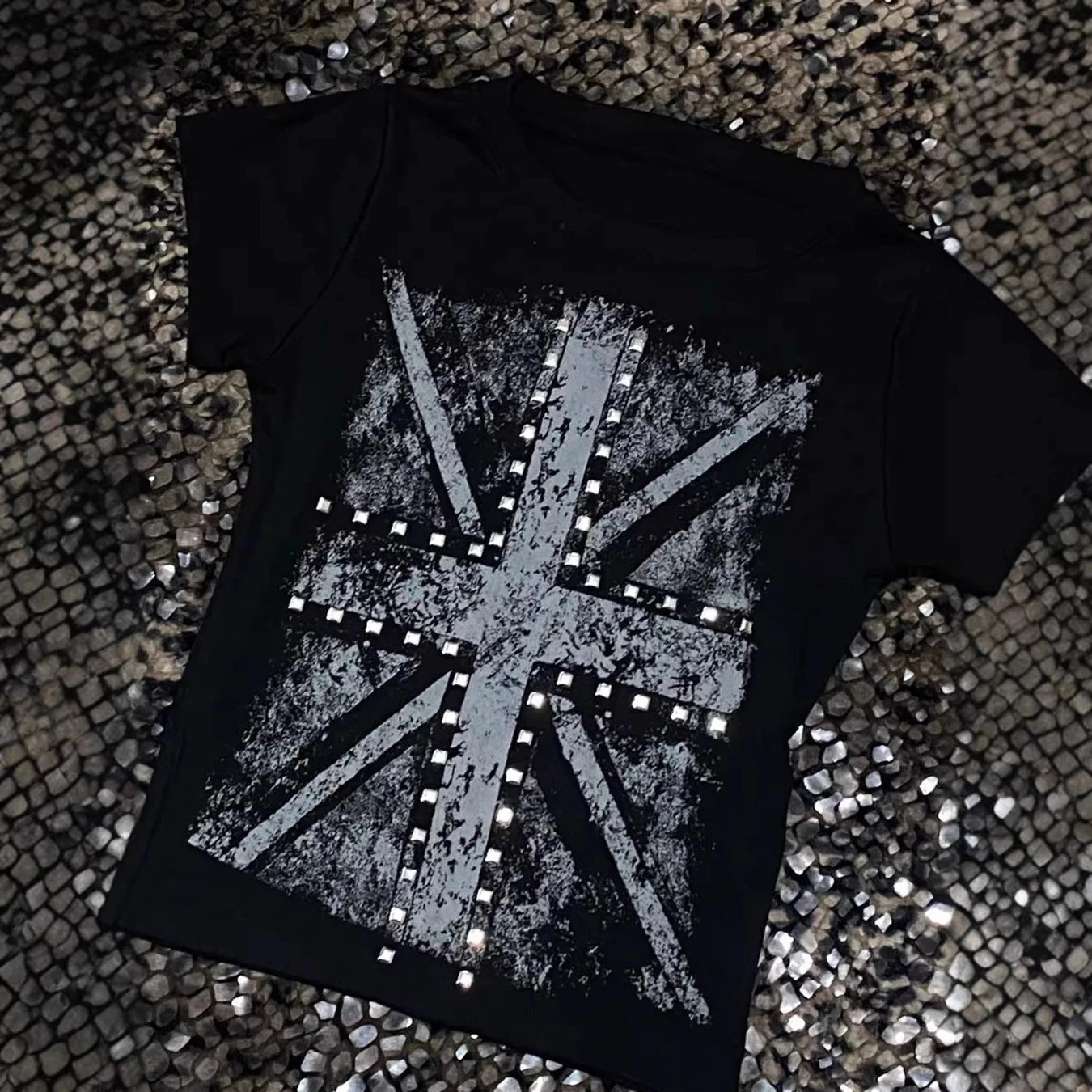 2026 Vintage Gothic Cross Hot Stamping Style Harajuku Round Neck T-Shirt Slim Fit Short Top