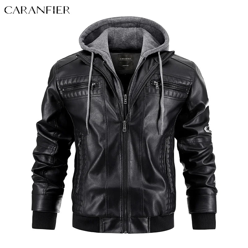 CARANFIER Men PU Leather Jacket Male Moto Biker Hooded Luxury Coats Clothing Faux Vintage Outerwear Chaqueta Hombre Dropshipping