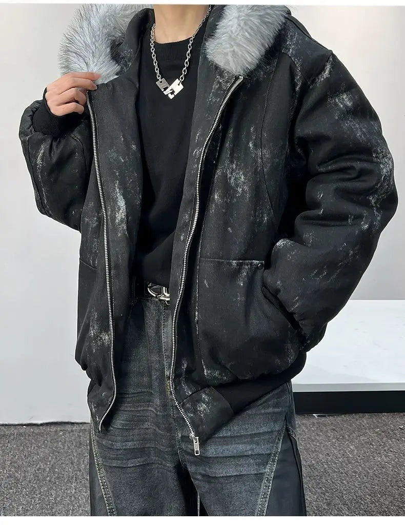 Winter men's cotton jacket with fur collar eagle embroidery and tie-dye design outdoor style jacket thickens and comfortable