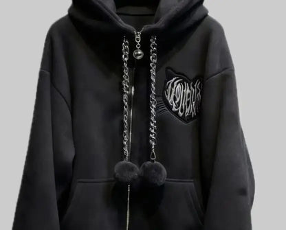 New Velvet Cute Cat Ear Women Hoodie Cat Claw Long Sleeve Coat Black Cat Punk Rock Men and Women Jackets