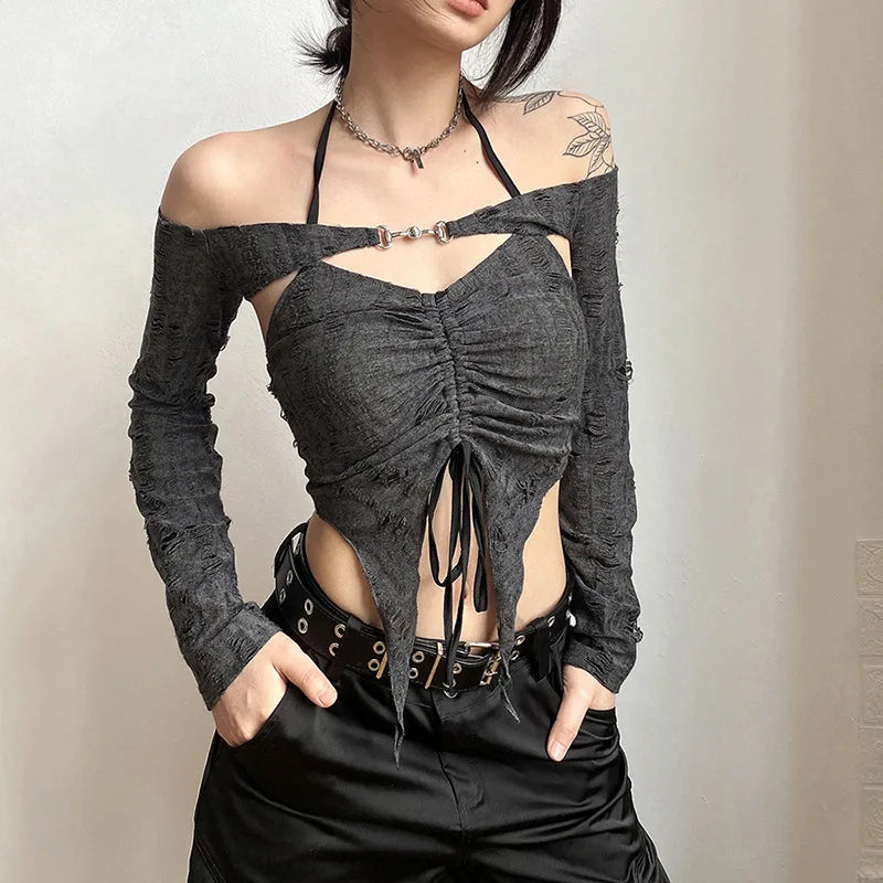 Gray Mystic Sexy Lace Cutout Retro Mature Charm Feminine Party Queen Senior Women's Long Sleeve Tuxedo Top