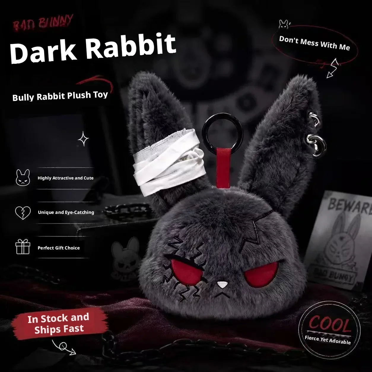 Halloween Gothic Bunny Plush Keychain RabbitBag Charm with Bandage Desian Kawaii Key Ring Pendant Car Bag Ornament Gift