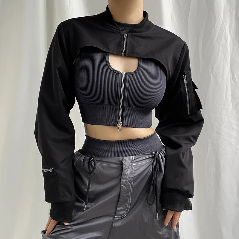 Showmirror Super-short Black Jacket Zipper Long Sleeve Harajuku Cropped Tshirt Gothic Techwear Fashion Korean Tee Punk Street