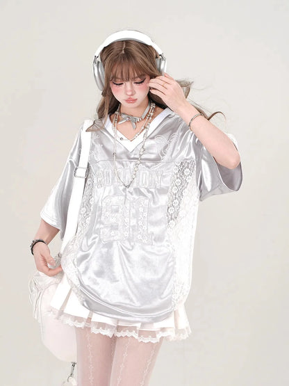 Retro American Splice V-neck Hollow out Lace Short Sleeve T-shirt Women Summer Embroidered Loose Sports Silver Top