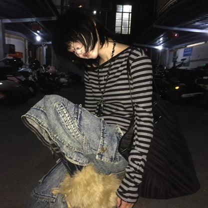 Genayooa Y2k T-shirt Women Long Sleeve Off Shoulder Striped Crop Tops Y2k Grunge 2000s Aesthetic Streetwear T Shirts