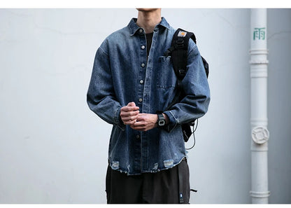 American Streetwear Wash Denim Shirts For Men Harajuku Casual Men'S Clothing Vintage Blue Lapel Cargo Coat Korean Long Sleeve