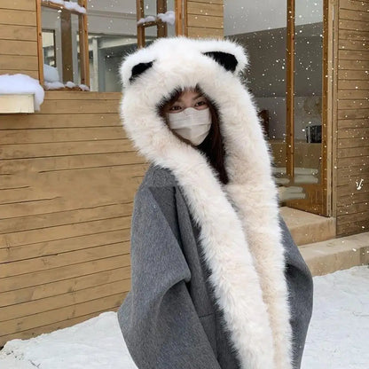 2025 New Women's Plush Fox Ear Bucket Hat Windproof Integrated Cap Scarf Trendy Cute Plush Neck Warm Hat Scarf Balaclava Hat