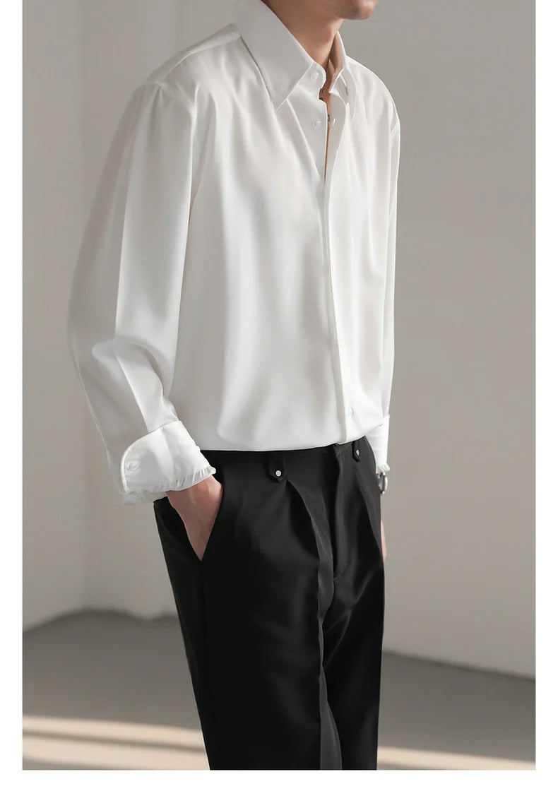 Black White Shirt Men Fashion Social Mens Dress Shirt Korean Loose Long Sleeved Shirt Mens Office Formal Shirts Ice Silk M-2XL