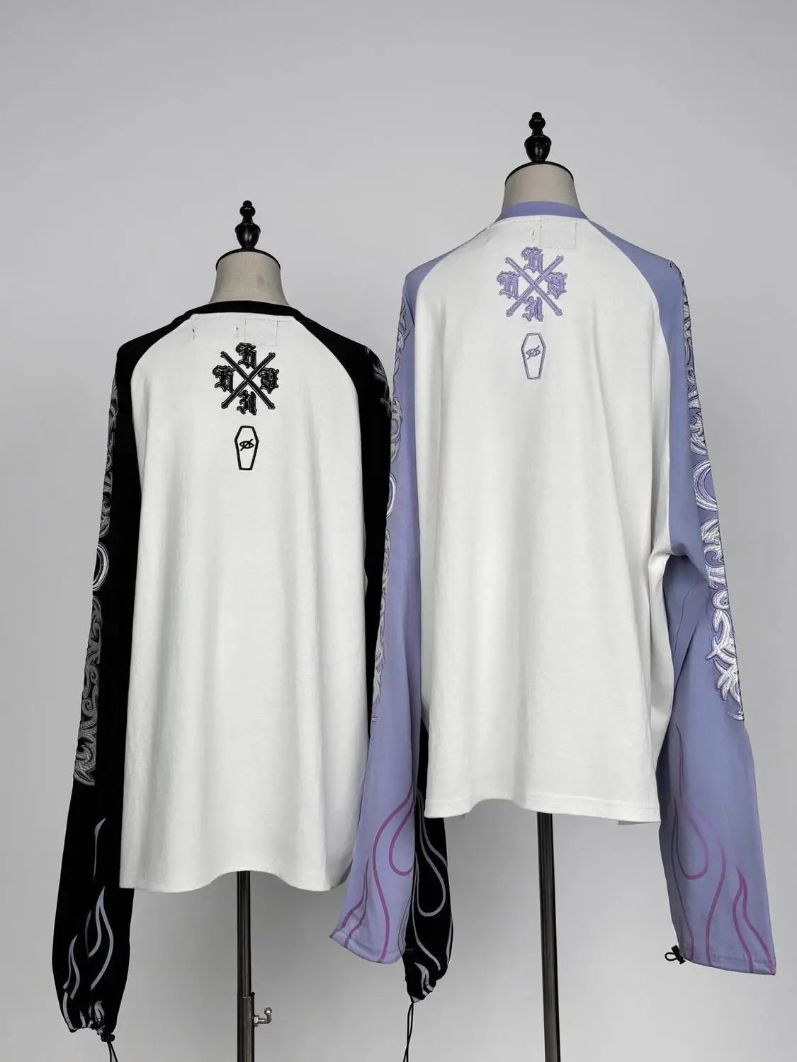 Japanese Harajuku Streetwear Co-branded Subculture Tattoo Embroidery Flame Long Sleeve Oversized Sleeve T-Shirt
