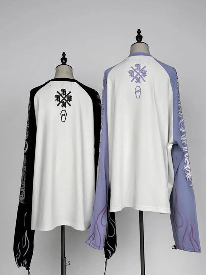 Japanese Harajuku Streetwear Co-branded Subculture Tattoo Embroidery Flame Long Sleeve Oversized Sleeve T-Shirt
