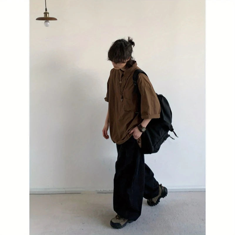 2024 New Summer Japanese Mens Set Harajuku Mid Sleeved Trendy Shirt+ Wide-leg Cargo Pants 2-pcs Thin Casual College Male Suit