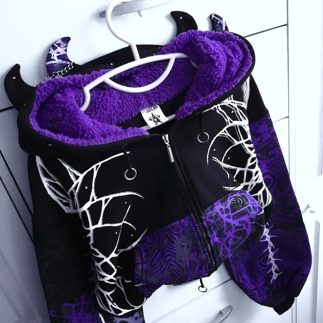 Y2K Grunge Purple Black Lightning Crackle Print Fleece Lined Cropped Zip Up - APEX RITUAL women's hoodies & sweatshirts