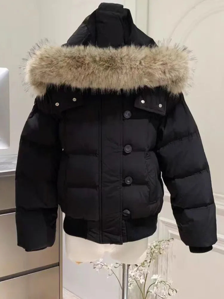Autumn Winter Fur Hooded Jacket Women Outerwear Thick Dowon Cotton Padded Slim Short Parkas Female Cropped Puffer Bubble Coat
