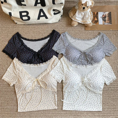 Women's Vintage Lace Bow Crop T-Shirt