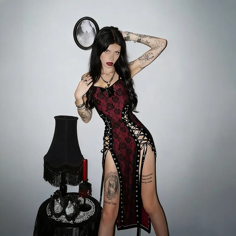 Women's Red Gothic Hollow-Out Strap Dress