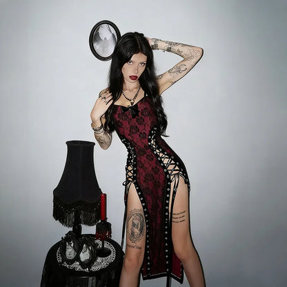Women's Red Gothic Hollow-Out Strap Dress