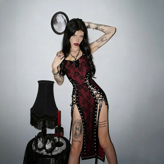Women's Red Gothic Hollow-Out Strap Dress