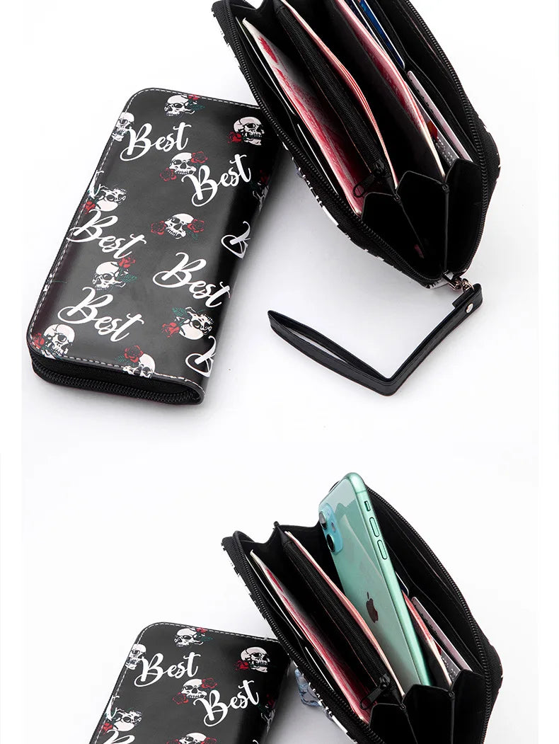 New Punk Style Skull Wallet Black Gothic Pu Leather Women Men Wallet Ghost Printing Purse Unique Design Stylish Long Wallets