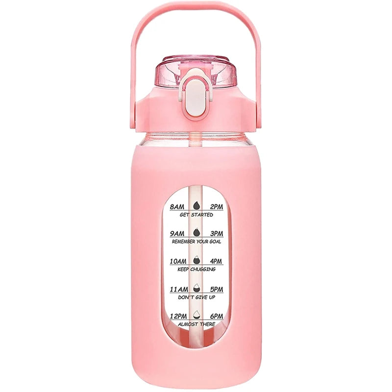 1000ML Glass Water Bottles With Straw, Glass Bottle With Silicone Sleeve And Time Marker, For Gym Camping Home Office