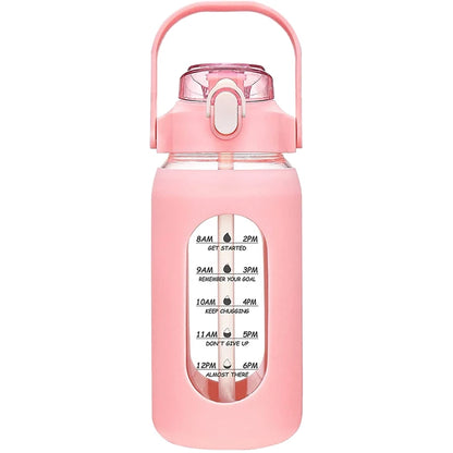 1000ML Glass Water Bottles With Straw, Glass Bottle With Silicone Sleeve And Time Marker, For Gym Camping Home Office